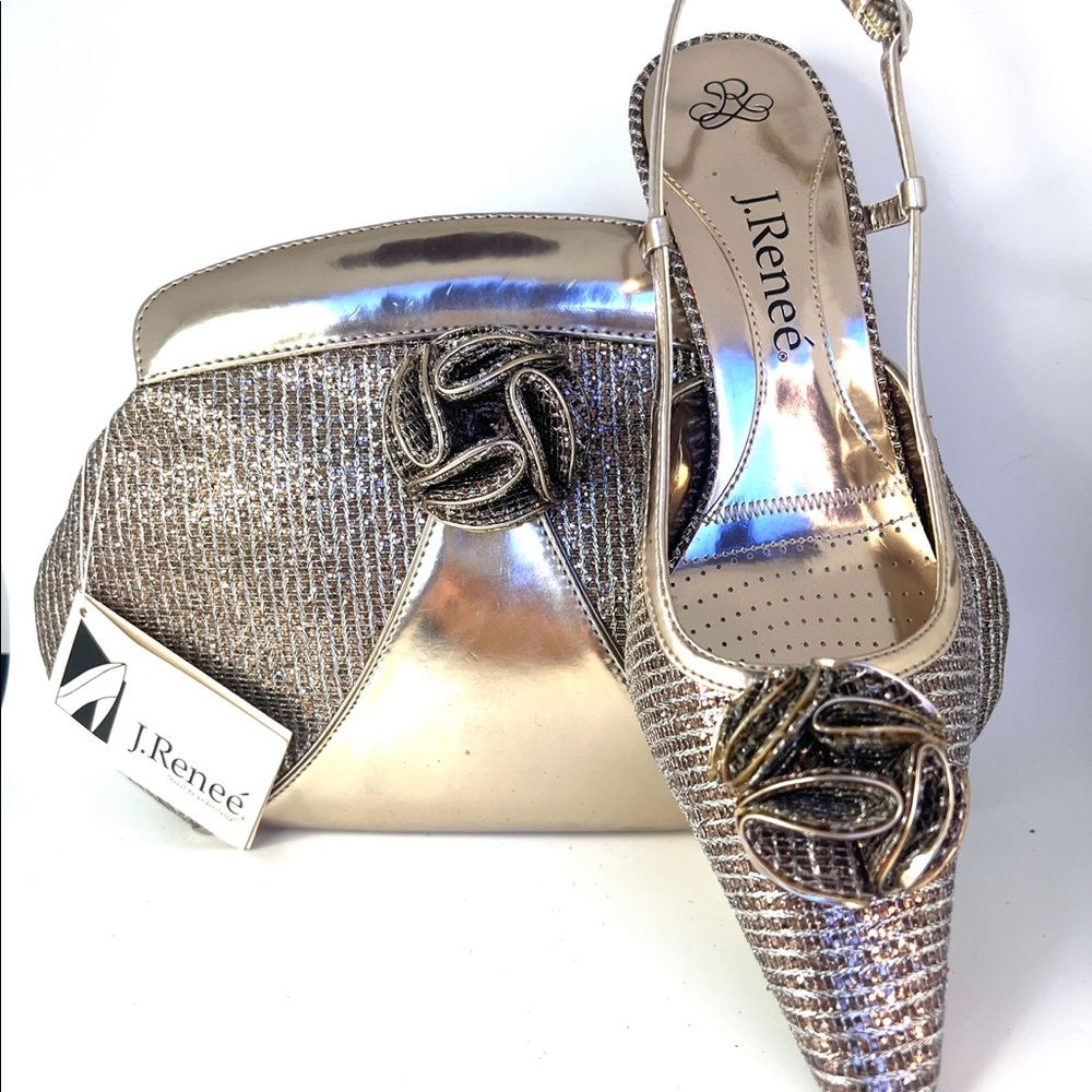 Dressy taupe color J Renee low heel shoes with new bag. Set for $149!